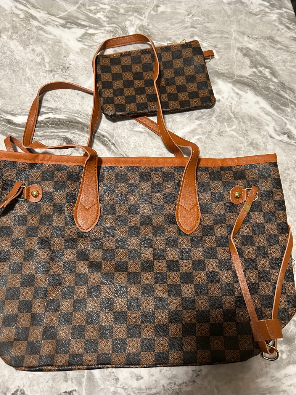 Brown Checkered Tote Bag with Matching Pouch